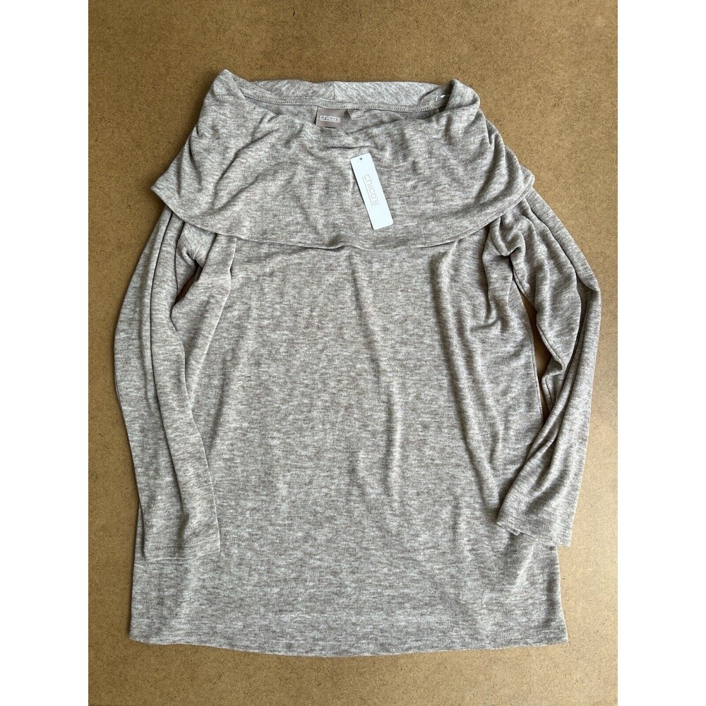 NWT Chico's Tunic Top Sz 2 L/12 Saige Soft Blend Cowl Neck Rocky Mountain Taupe